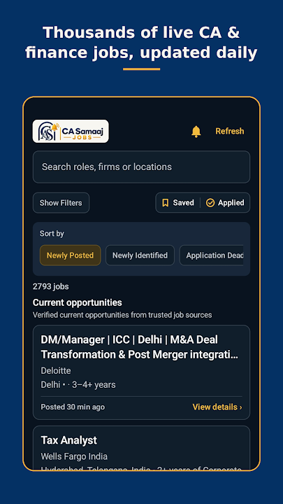 CA Samaaj Jobs app screen showing live CA and finance jobs updated daily