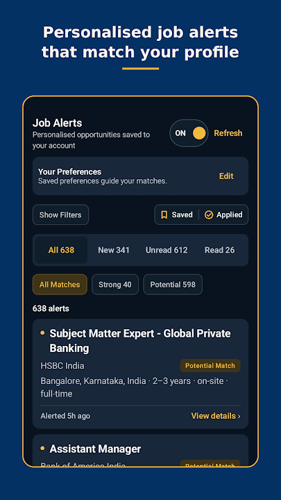 CA Samaaj Jobs app screen showing personalised job alerts that match a profile