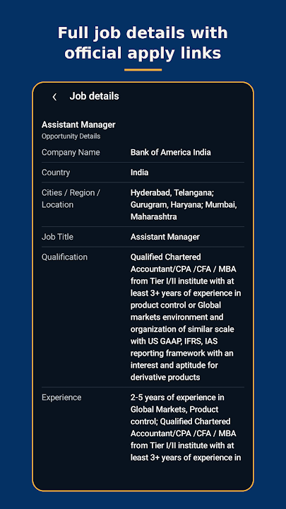 CA Samaaj Jobs app screen showing full job details with the official apply link