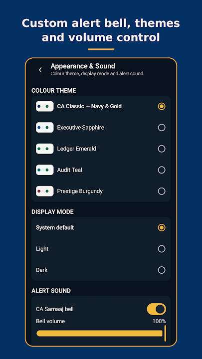 CA Samaaj Jobs app screen showing the alert bell, colour themes and volume control