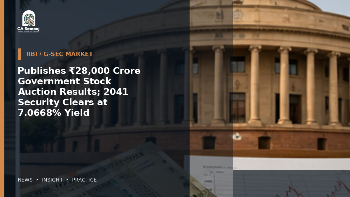 Publishes ₹28,000 Crore Government Stock Auction Results; 2041 Security Clears at 7.0668% Yield